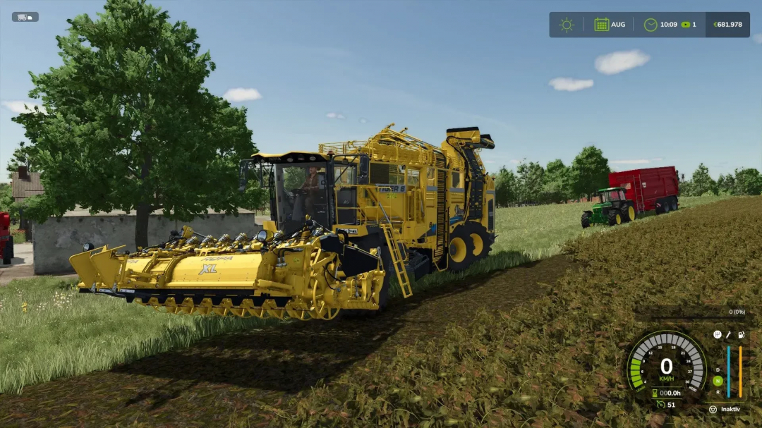 FS25 Multifruit ROPA mod v1.0.0.1 showing a yellow harvester on a farm field.