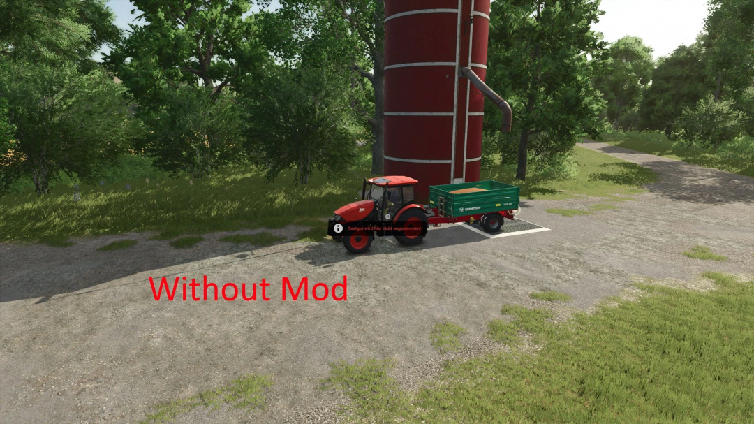 Immagine comparativa FS25 del mod Multifruits Silos v1.0.0.0 con trattore vicino al silo senza mod.