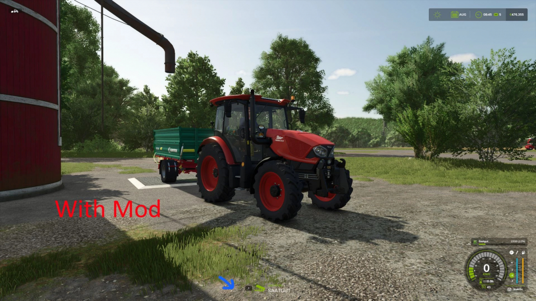 Mod FS25 Multifruits Silos: un trattore rosso con rimorchio verde accanto a un silo in Farming Simulator 25.