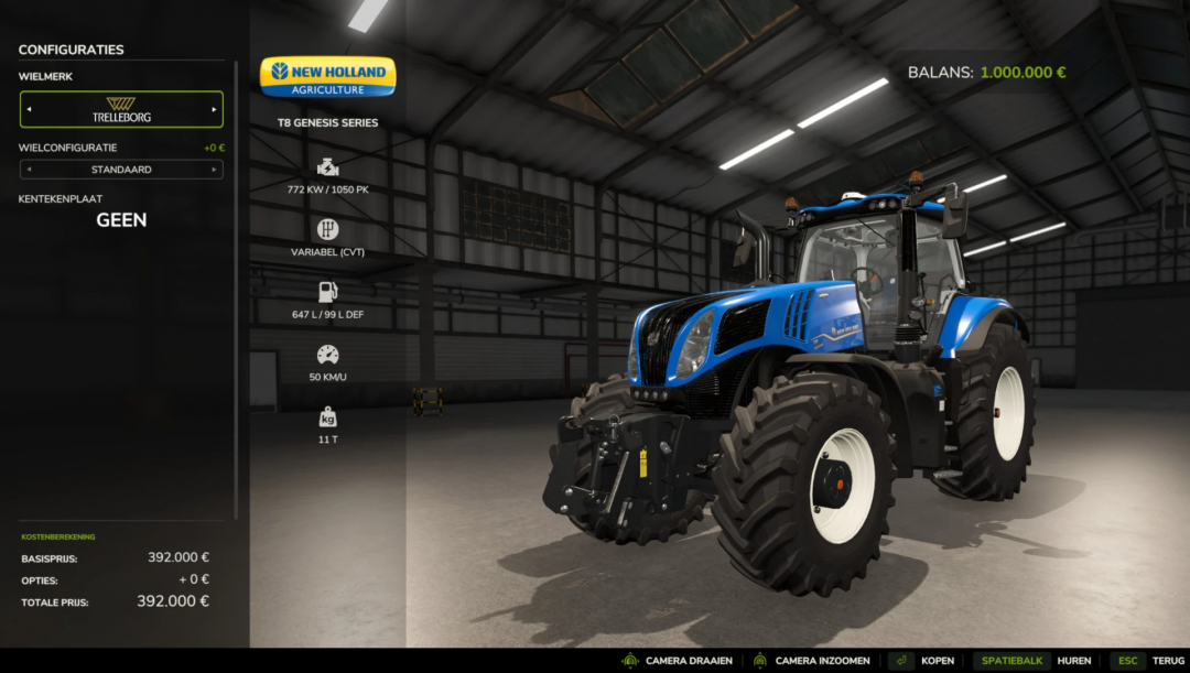 FS25-Mod New Holland T8.1050 Genesis Traktor in einer Garage.