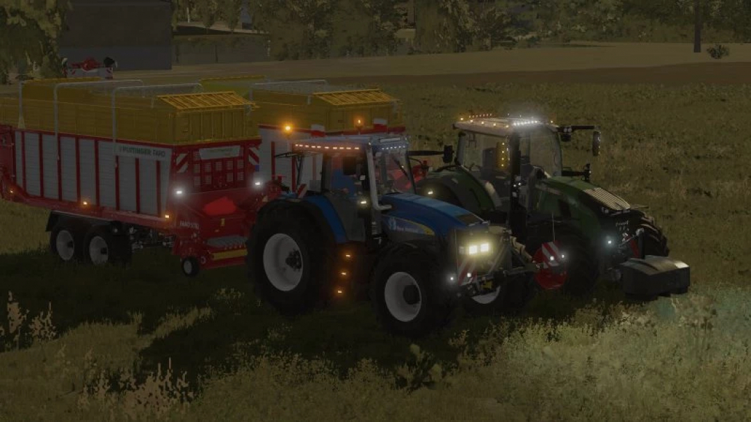 New Holland TM190 at night in FS22, pulling a trailer in Farming Simulator 22 mod.