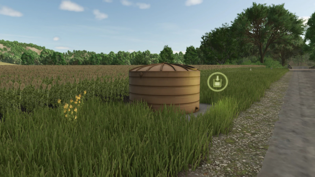 FS25 mod No Cost Water v1.0.0.0 shows a water tank in a field environment, enhancing Farming Simulator 25 gameplay.