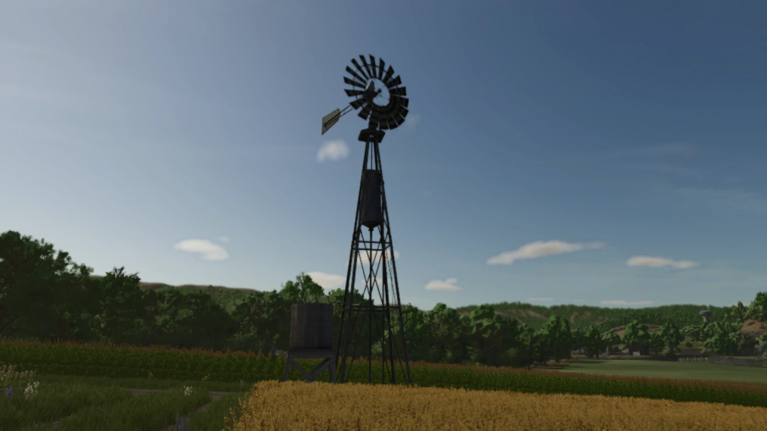 Windmill in FS25 No Cost Water mod with scenic farm landscape.