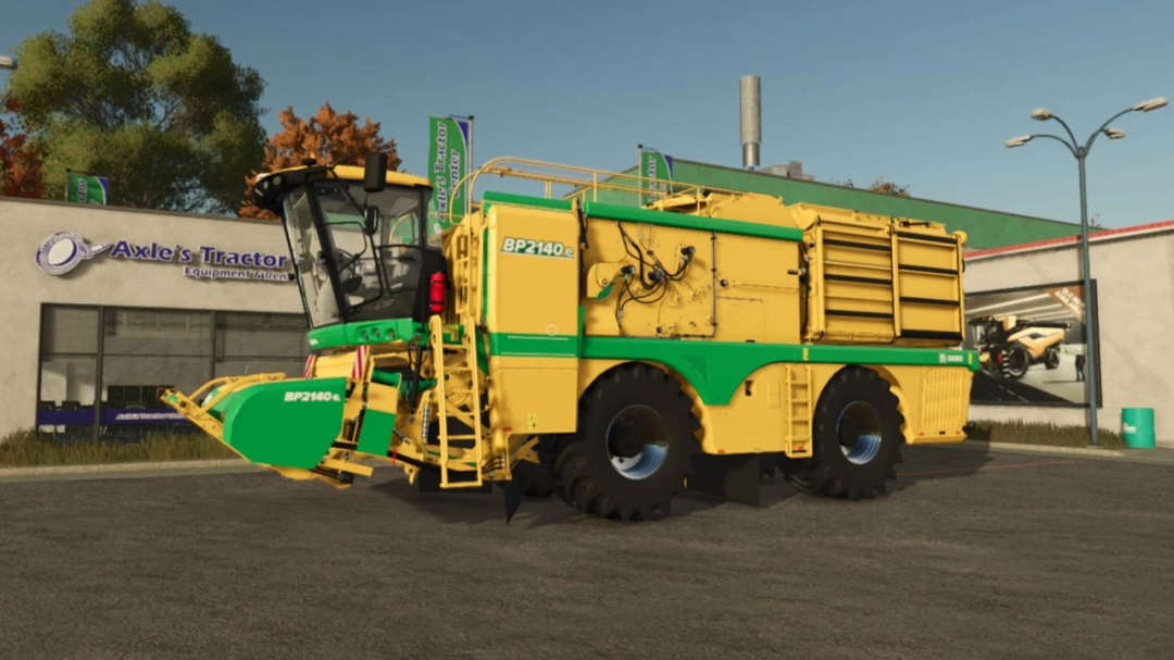 Oxbo Pack v1.0.0.0 mod toont een geel-groene maaidorser voor een tractorwinkel in FS25.