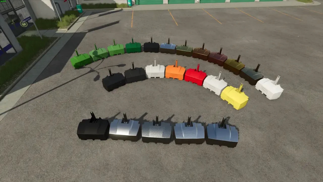 Colorful tractor weights from PBSMods Edition FENDT Pack in FS25 displayed in a semi-circle.