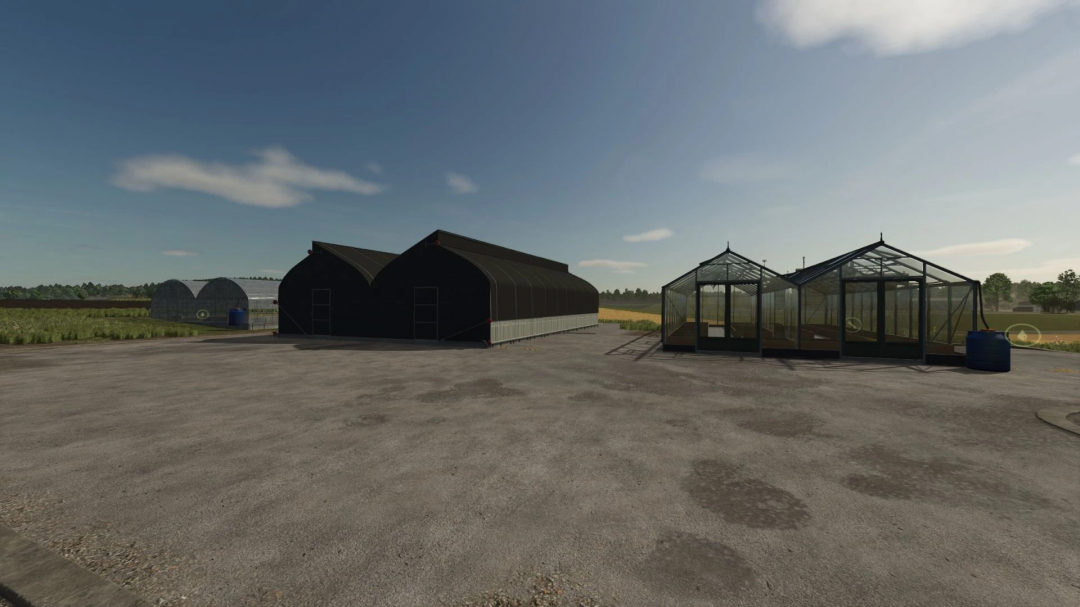 Realistic greenhouses mod in Farming Simulator 25, featuring multiple greenhouse structures.