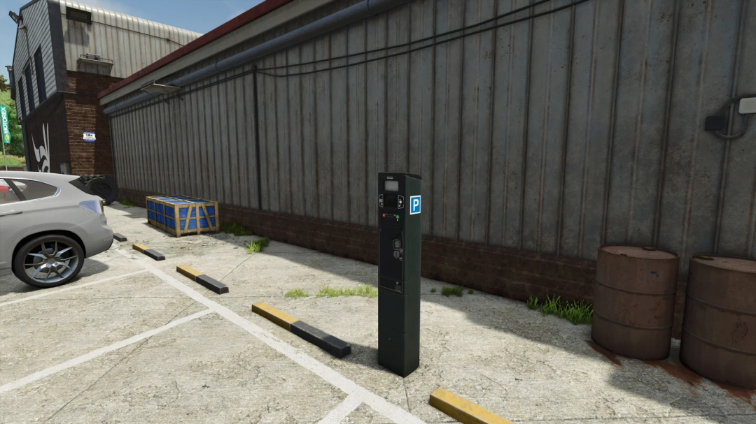 Parking meter mod in FS25 adds hourly income, placed near a car in a concrete lot.