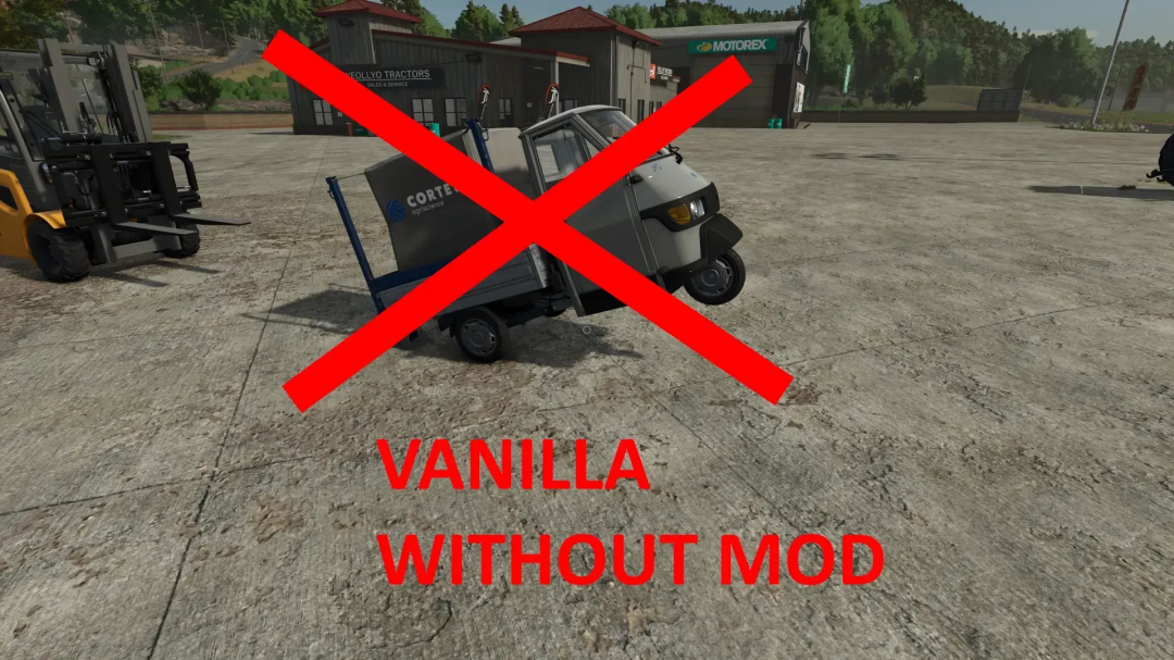 Mods de FS25: Piaggio Ape 50 lucha con carga pesada en Farming Simulator 25 sin mod.