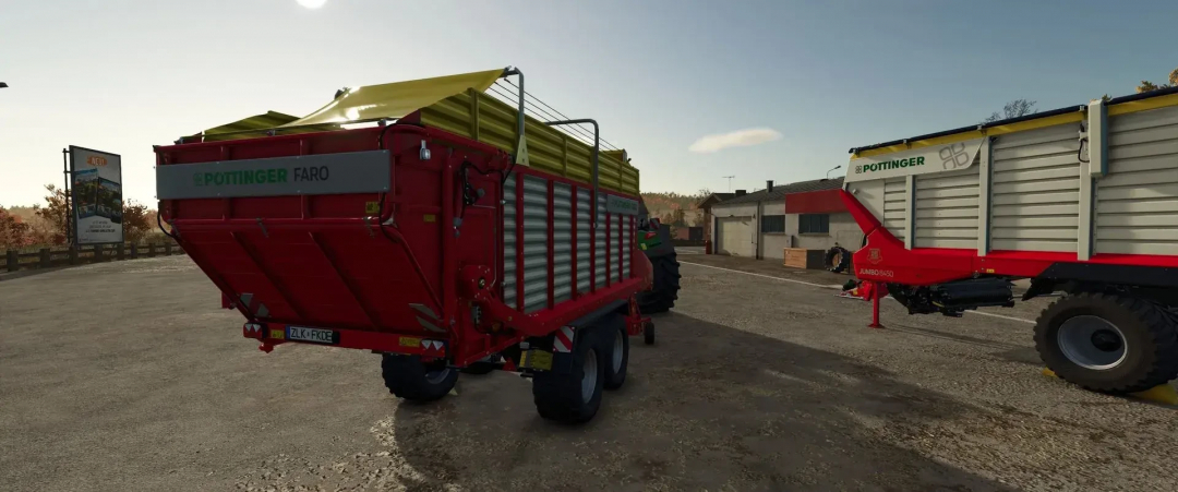 Poettinger Ladewagen Pack v1.0.0.0 in FS25, toont twee voederwagens op een boerderij.