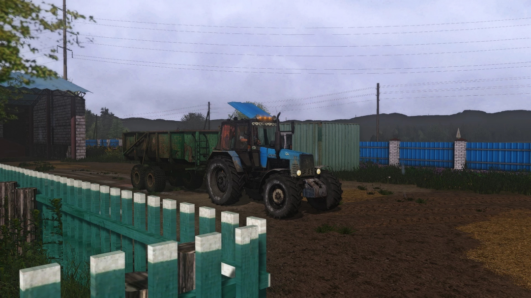 Tractor pulling trailer in farmyard, PolGrom BTZ Zeus Pack mod for FS22.