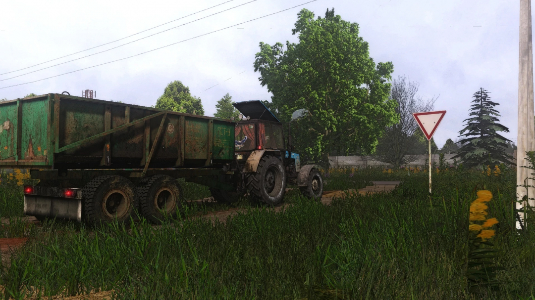 FS22 mods showcase PolGrom BTZ Zeus Pack v1.0.0.1 with a rustic trailer in a rural setting.