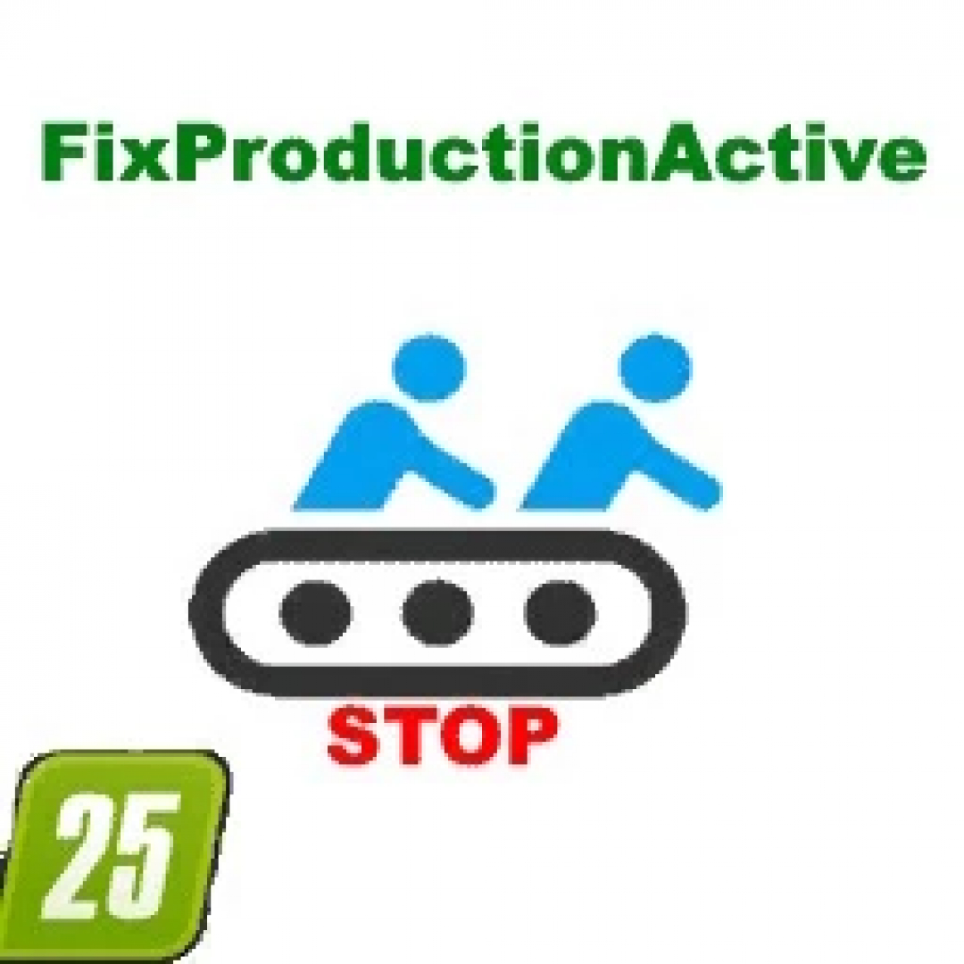 FS25 mod Production Disabled v1.0.0.0 shows two figures on a conveyor with the word 'STOP' below.