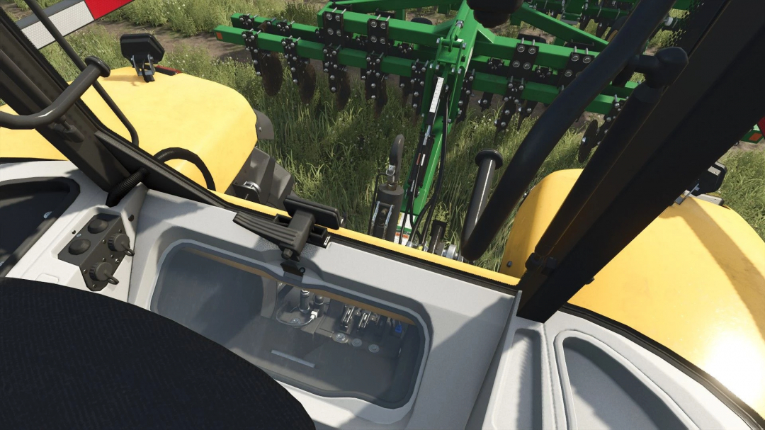 FS25 Realistic Cab View mod showing detailed tractor controls and field equipment.