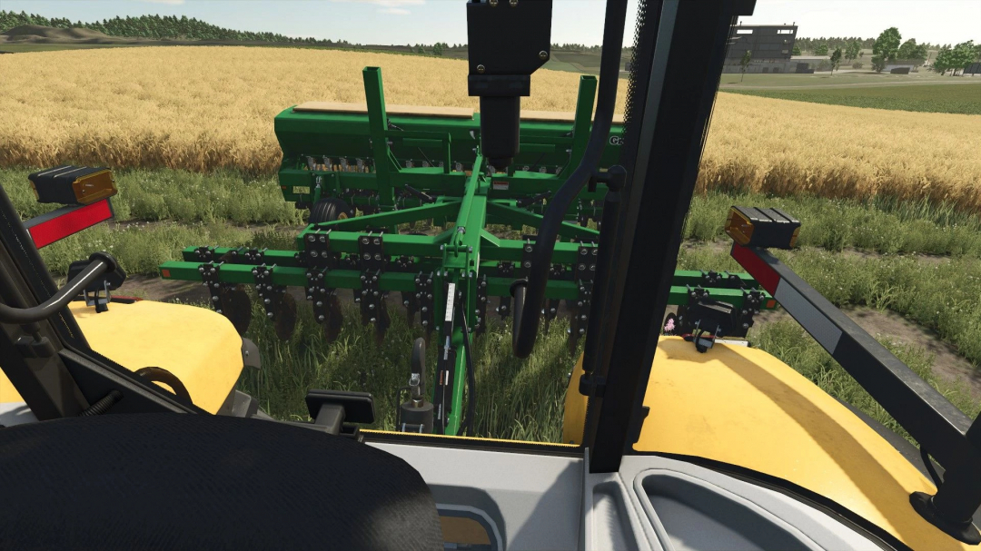 FS25 Realistic Cab View mod mostra una vista dettagliata dell'interno della cabina del trattore con vista su un campo di grano.