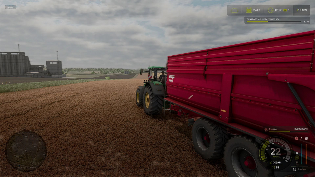 FS25 mod Reshade ASPX RLK v1.0.0.0 showing a tractor with a red trailer on a farm field.