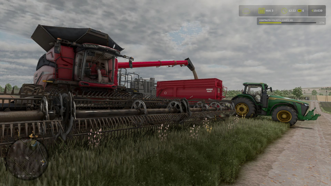 FS25 mods: Reshade ASPX RLK v1.0.0.0 showing a harvester unloading into a red trailer near a green tractor under cloudy skies.