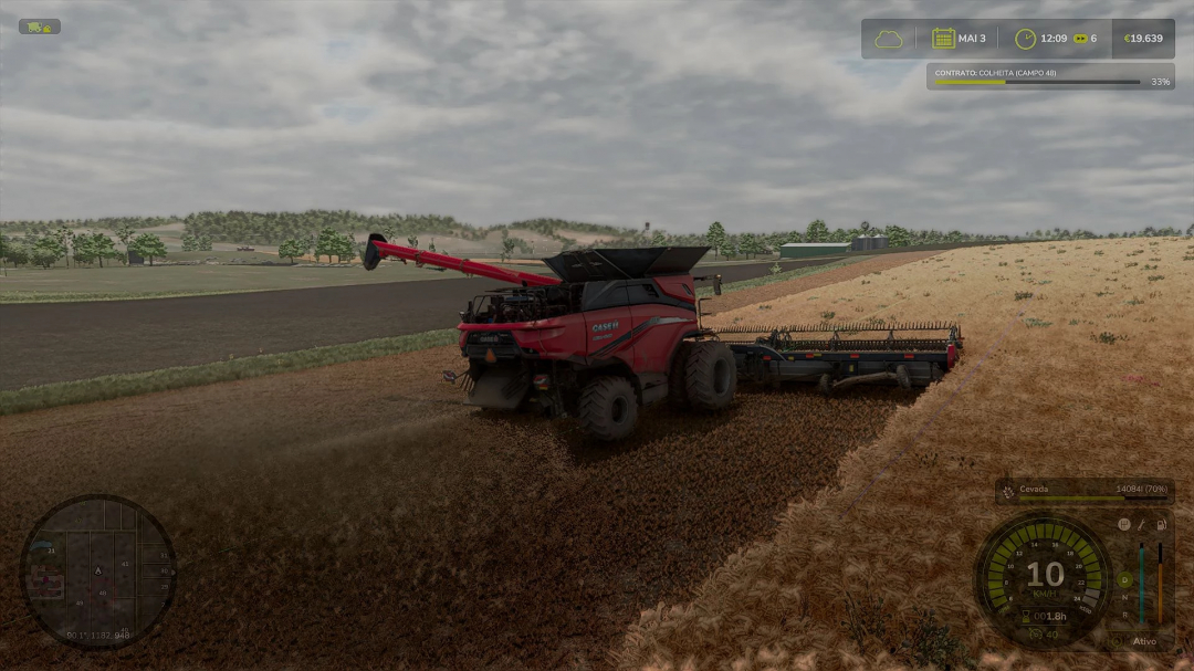 FS25 mod Reshade ASPX RLK v1.0.0.0 shows a harvester working in a wheat field under a cloudy sky.