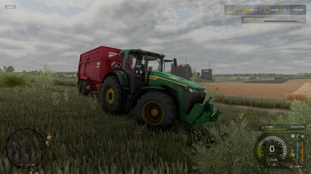 Green tractor with red trailer in a field using FS25 mods, showcasing Reshade ASPX RLK v1.0.0.0 in Farming Simulator 25.