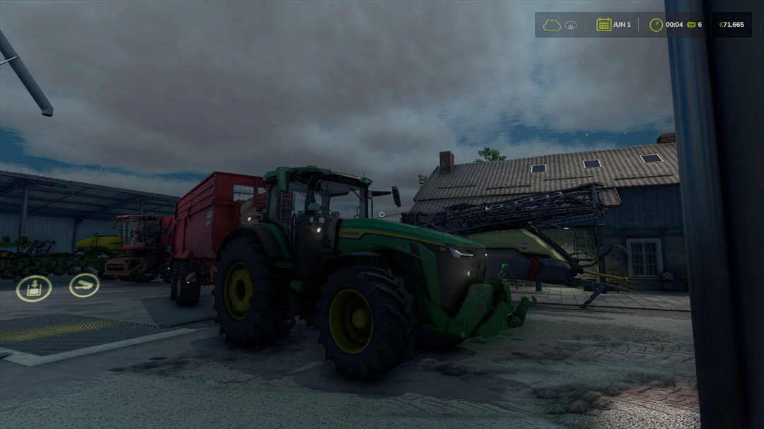 FS25 mod Reshade ASPX RLK v1.0.0.0 scene with a tractor and farm equipment under cloudy sky.