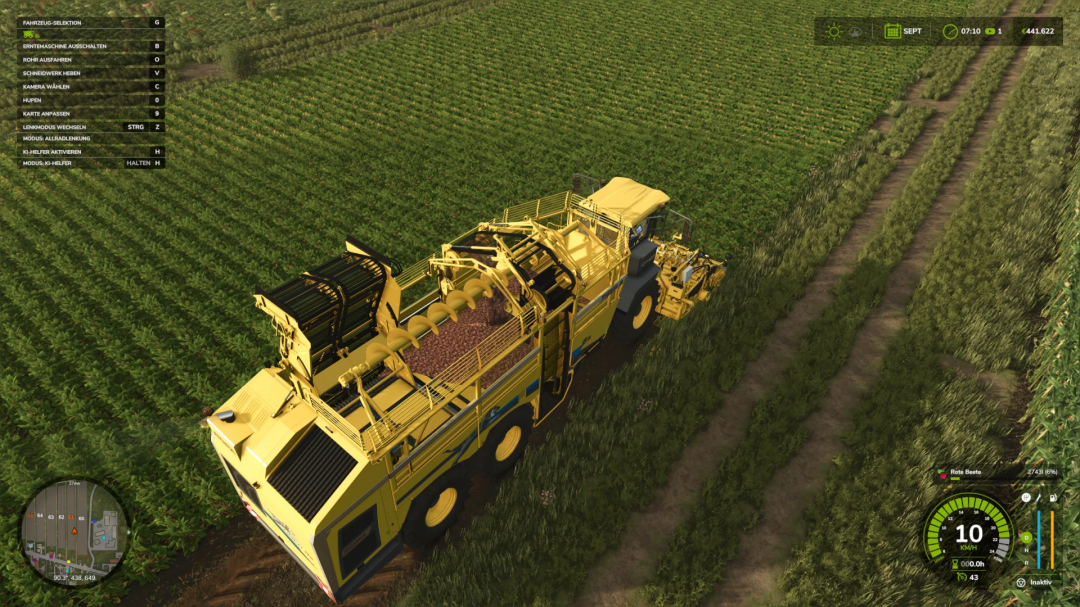 Ropa Tiger 6s Multi v1.0.0.0 mod in FS25 harvests a field. Displays interface with speed and crop info.