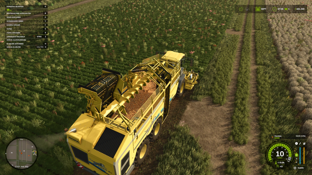 Ropa Tiger 6s Multi harvester working in a carrot field, Farming Simulator 25 mod.