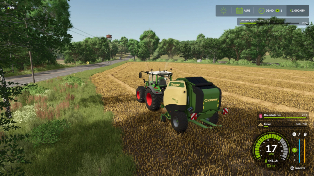 FS25 mod Round Baler Extension v1.0.0.0 in action, showing a tractor baling straw in a sunny field.