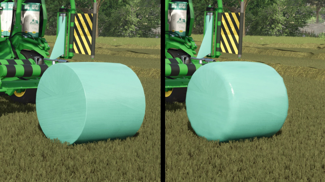 Rounder Wrapped Round Bales mod in FS25, showcasing detailed blue-green bale with equipment.