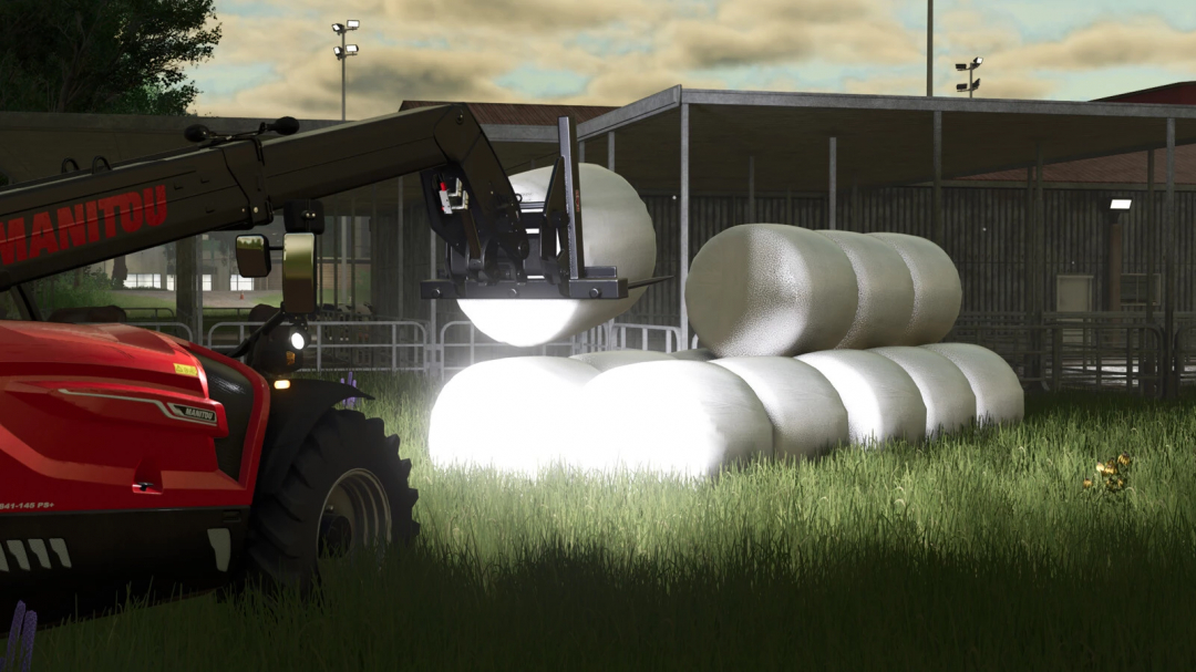 FS25 mod: Manitou loader stacking wrapped round bales in Farming Simulator 25.