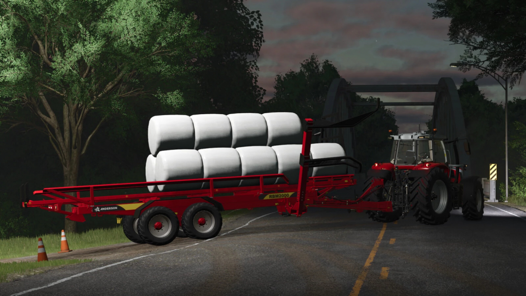 Tractor towing round bales on a red trailer in FS25 mod Rounder Wrapped Round Bales v1.0.0.0.