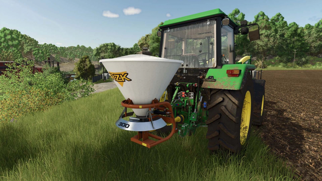 Salek 300 strooier met kalk v1.0.0.0 op tractor in FS25 mod, Farming Simulator 25.