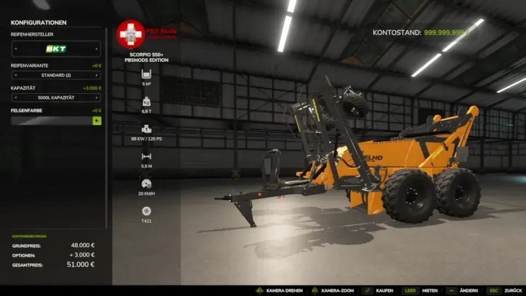 FS25 mods: Scorpio 550+ PBSMods Edition in Farming Simulator 25, showcasing configuration and pricing details in a virtual garage.