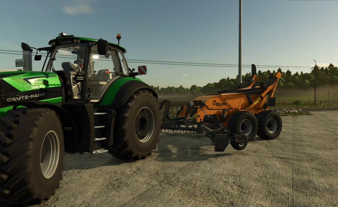 FS25 mod: Scorpio 550 with Fill Configuration v1.0.0.0, attached to a Deutz-Fahr tractor, displayed on a farm setting.