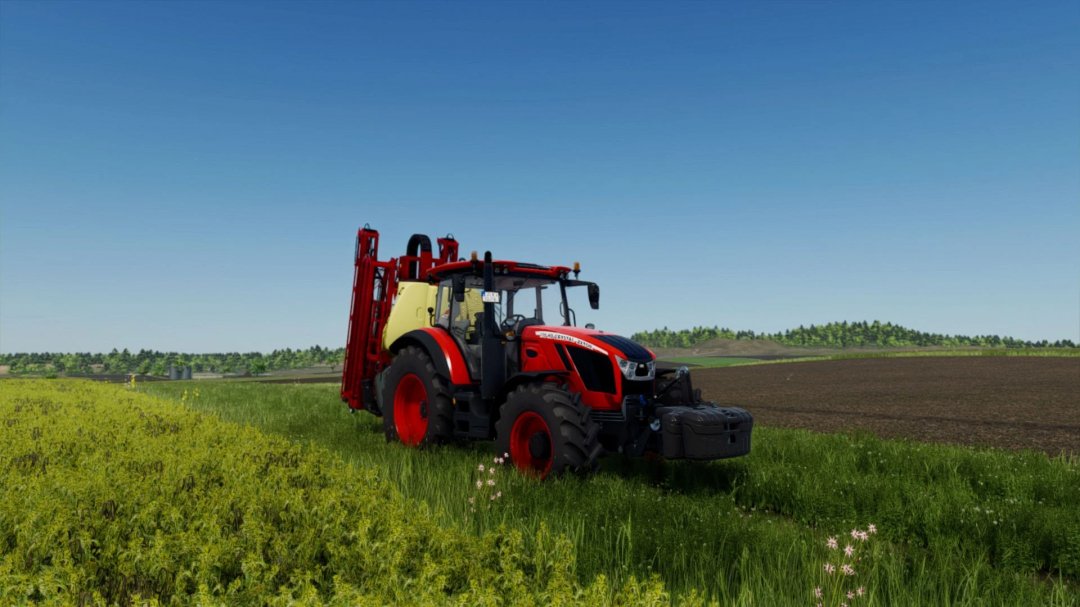 Red tractor on a farm field with enhanced visuals using Shader by mihajlomiki v1.0.0.0 for FS25 mods.