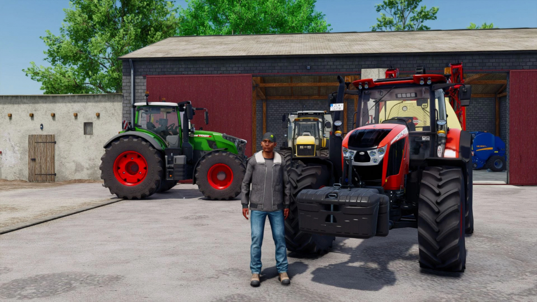 FS25 mod showing a player character standing between two tractors with detailed shaders, enhancing realism in Farming Simulator 25.