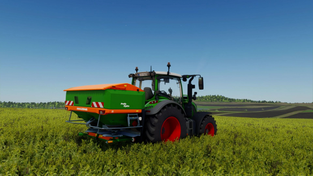 Farming Simulator 25 mod: Tractor in field with Shader by mihajlomiki v1.0.0.0, showcasing enhanced graphics.