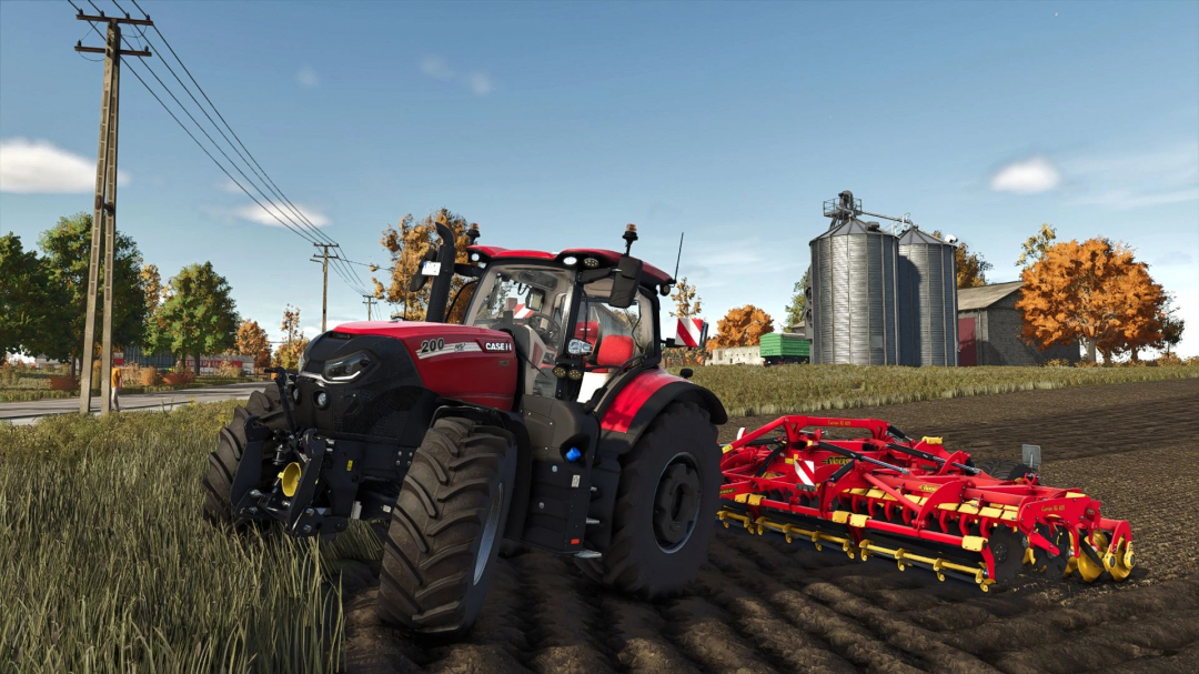 FS25 Mod: Shader v1.0.0.0 showcasing a red tractor cultivating a field with silos and autumn trees in the background.