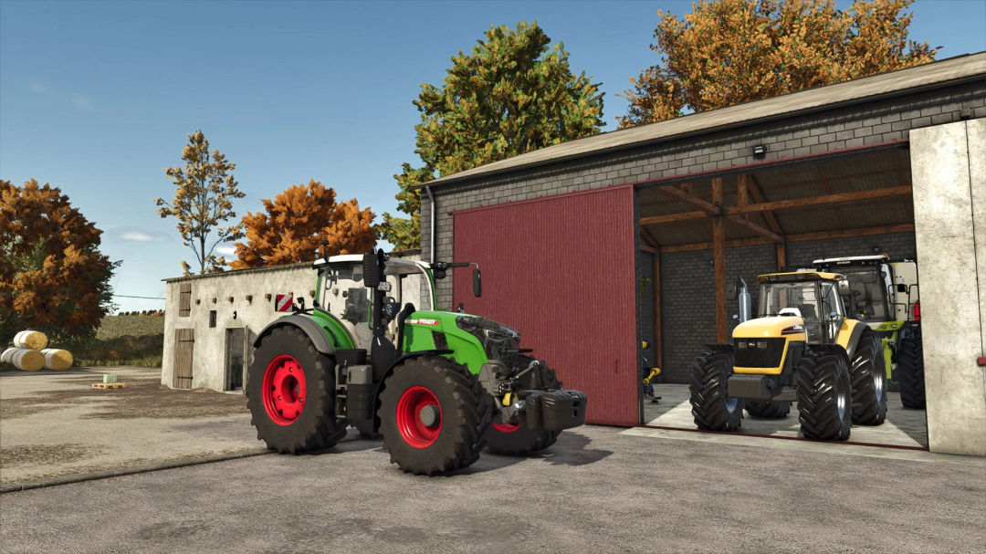 FS25 Shader v1.0.0.0 mod showing detailed tractors outside a barn with autumn trees.