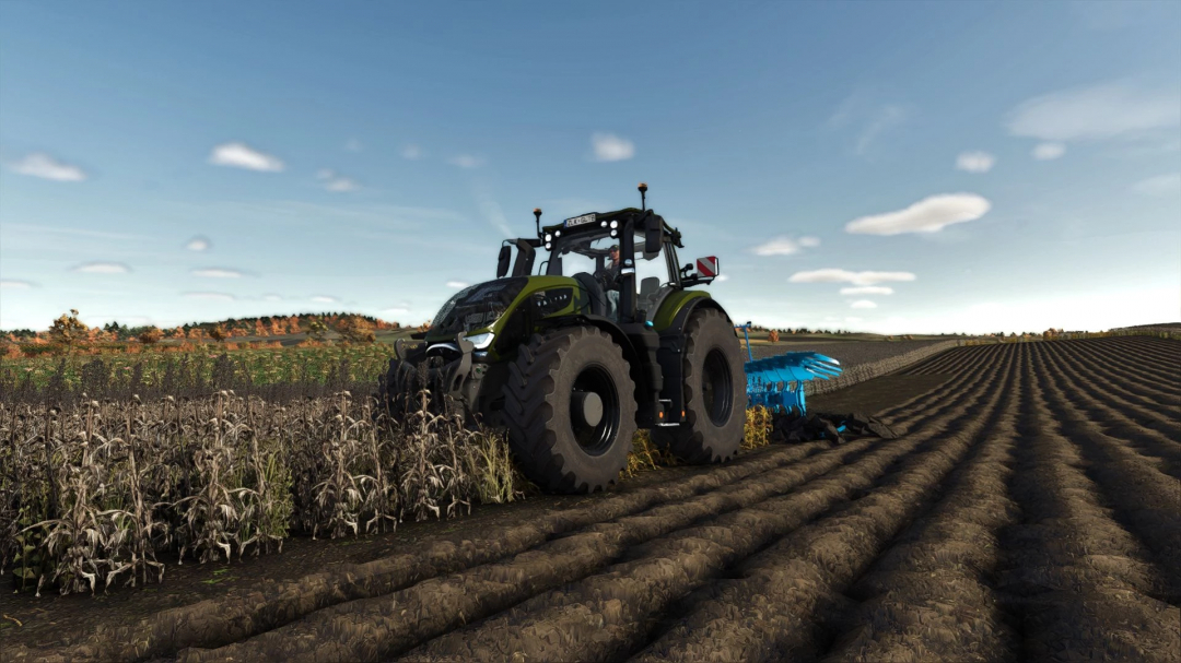 A tractor plowing a field under a clear sky in FS25 mod Shader v1.0.0.0 for Farming Simulator 25.