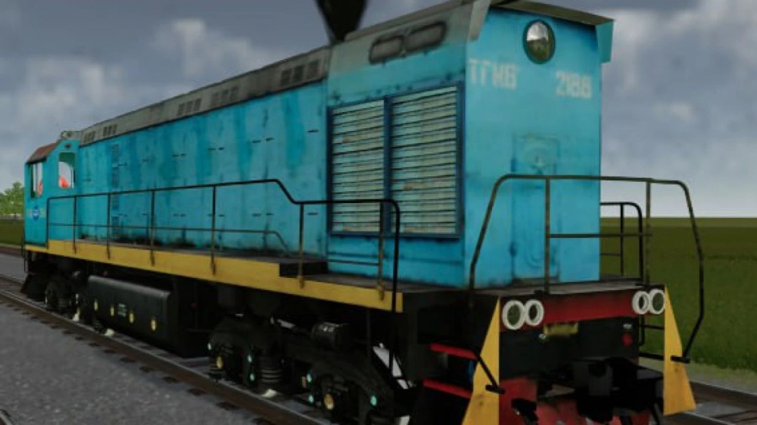 Shunting TGm3 train mod for Farming Simulator 22, featuring a blue locomotive on tracks.