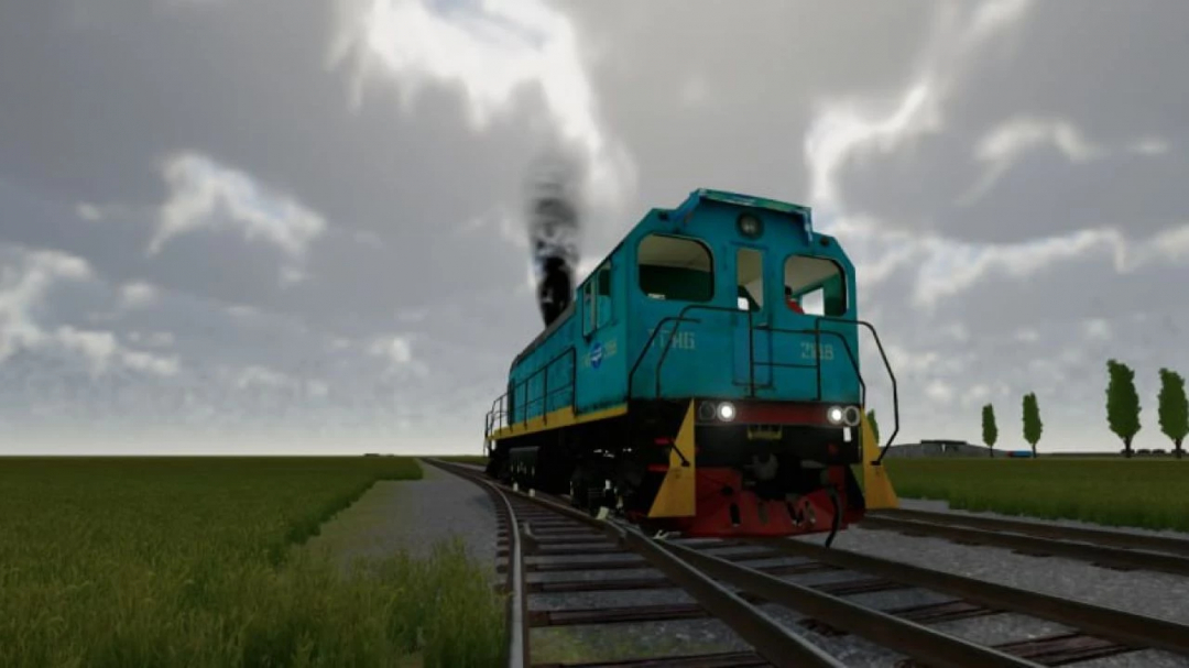 Shunting TGm3 locomotive mod in FS22 on a railway track under cloudy sky.