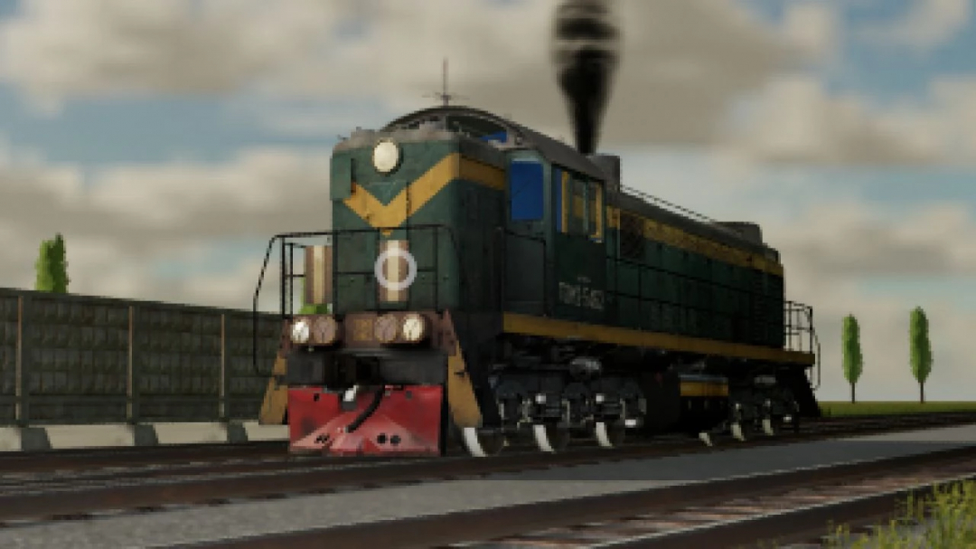 Shunting locomotive mod in FS22, showing a green train on tracks with smoke.