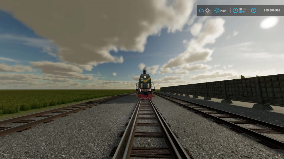 Shunting locomotive on tracks in FS22 mod, showcasing detailed rail scenery with cloudy sky. Farming Simulator 22 mods.