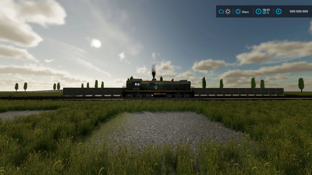 Shunting locomotive mod in FS22 with scenic background, showcasing Farming Simulator 22 modifications.