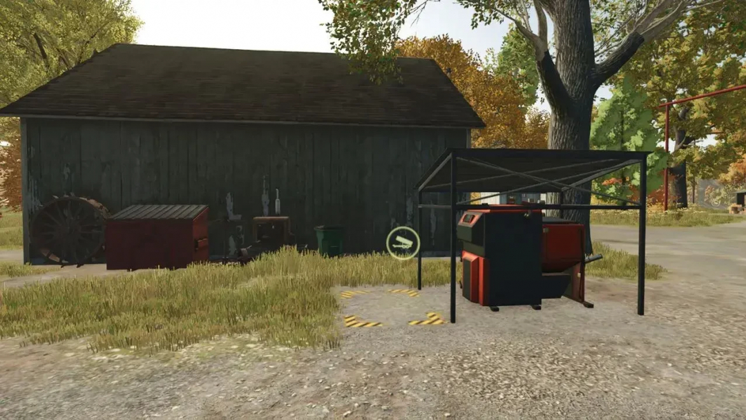 Small Heating Plant mod in FS25 by a barn, showcasing farming elements.