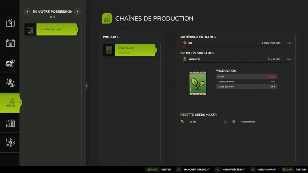 FS25 mod interface showing Small Seed Factory production details and status.