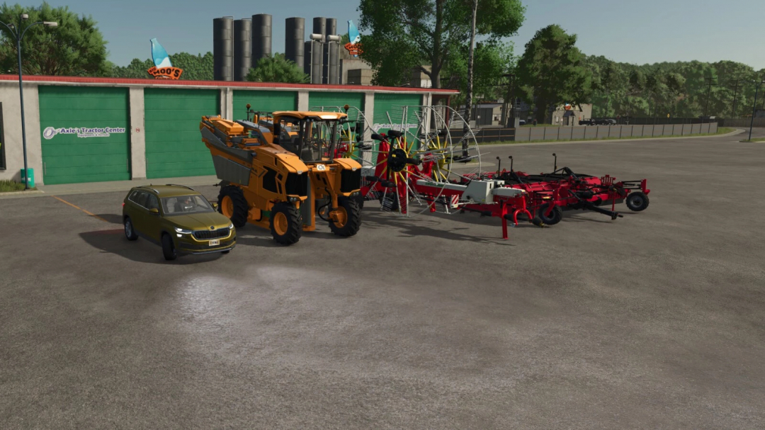 Mods FS25 Special Offers v1.0.0.0 exibindo vários equipamentos agrícolas em frente a um centro de tratores.