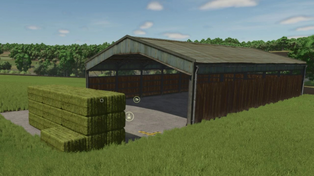 Storage Shed Autoload Mod in FS25, zeigt eine große Scheune mit Heuballen davor.