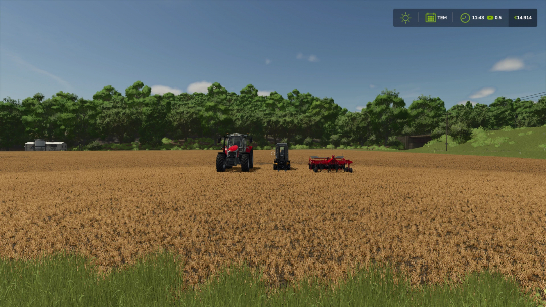 FS25 mod met een tractor en landbouwapparatuur op een veld. Store Deliveries v1.0.0.1 verbetert de gameplay.