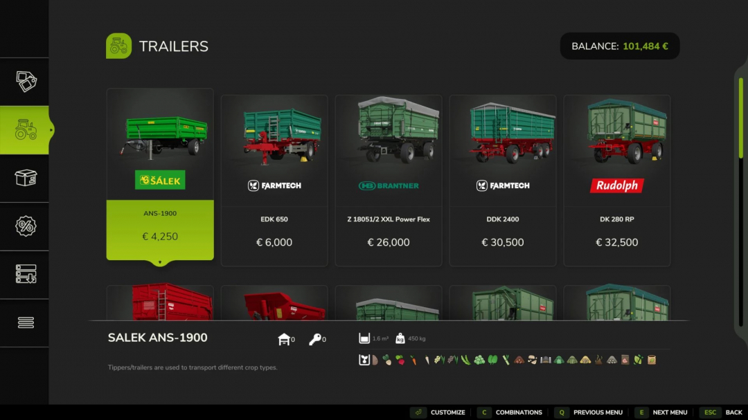 FS25 mods Store Price Sorting v1.0.0.0 ekran wyboru przyczep z różnymi przyczepami i ich cenami.