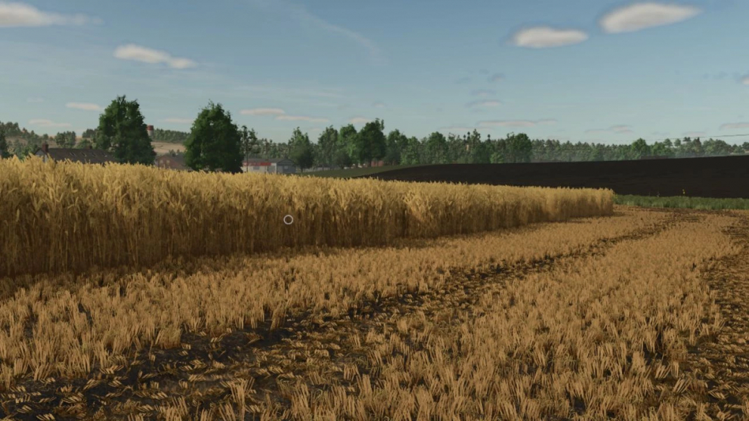 Mod FS25 che mostra la distruzione della stoppia in un campo di grano raccolto.